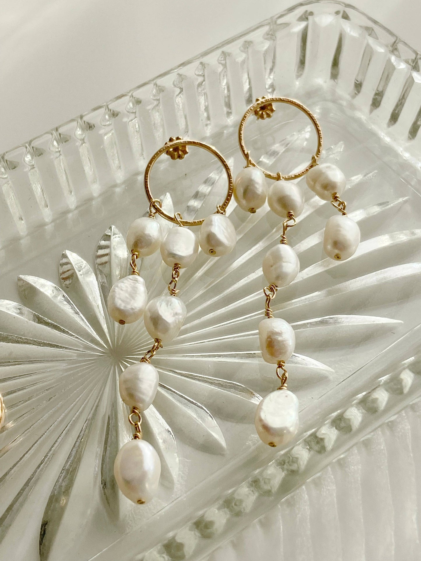 Freshwater baroque long multi pearl dangle earrings: 14K GOLD FILL