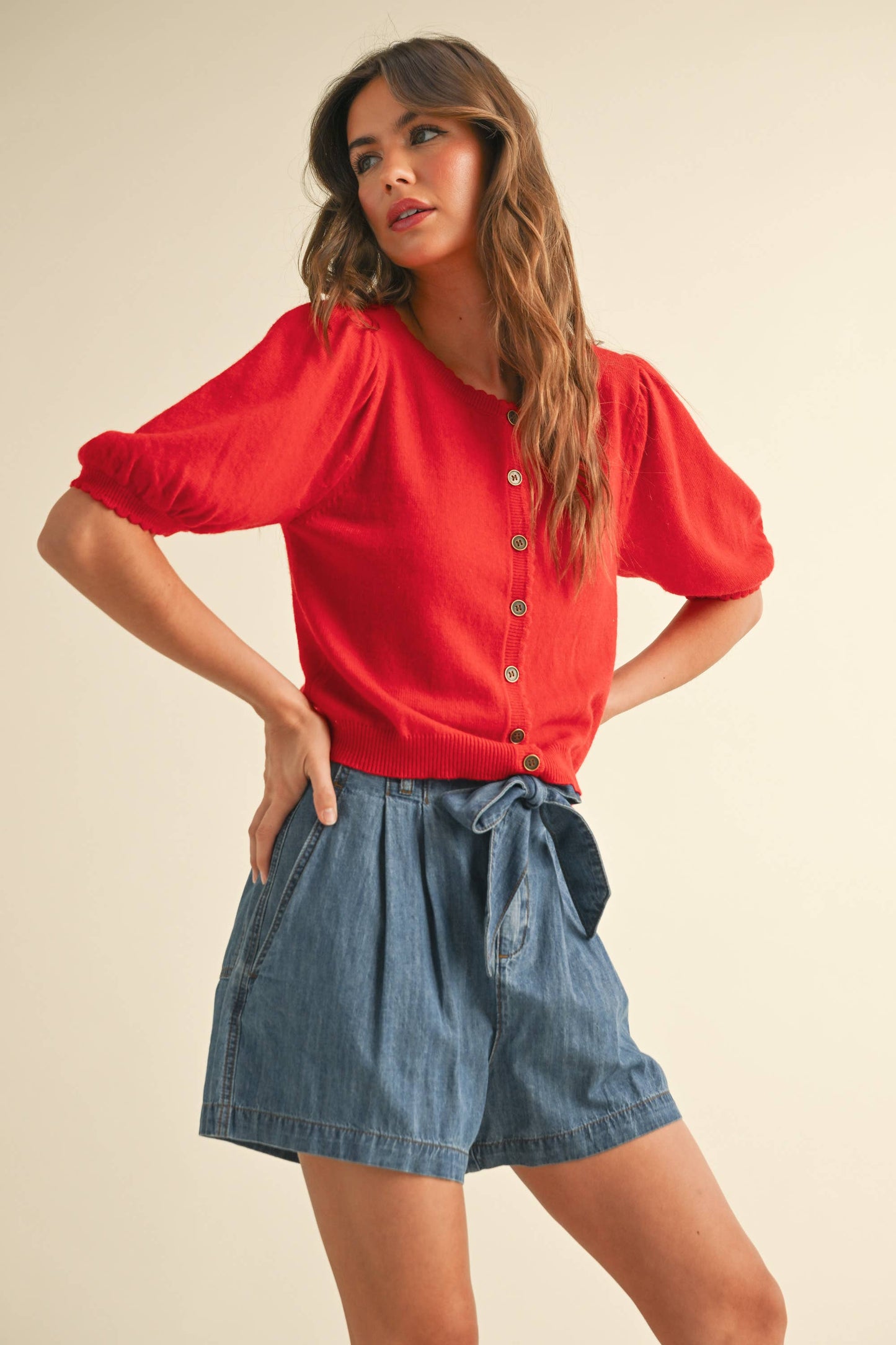 Scalloped Puff Sleeve Cardigan | Red