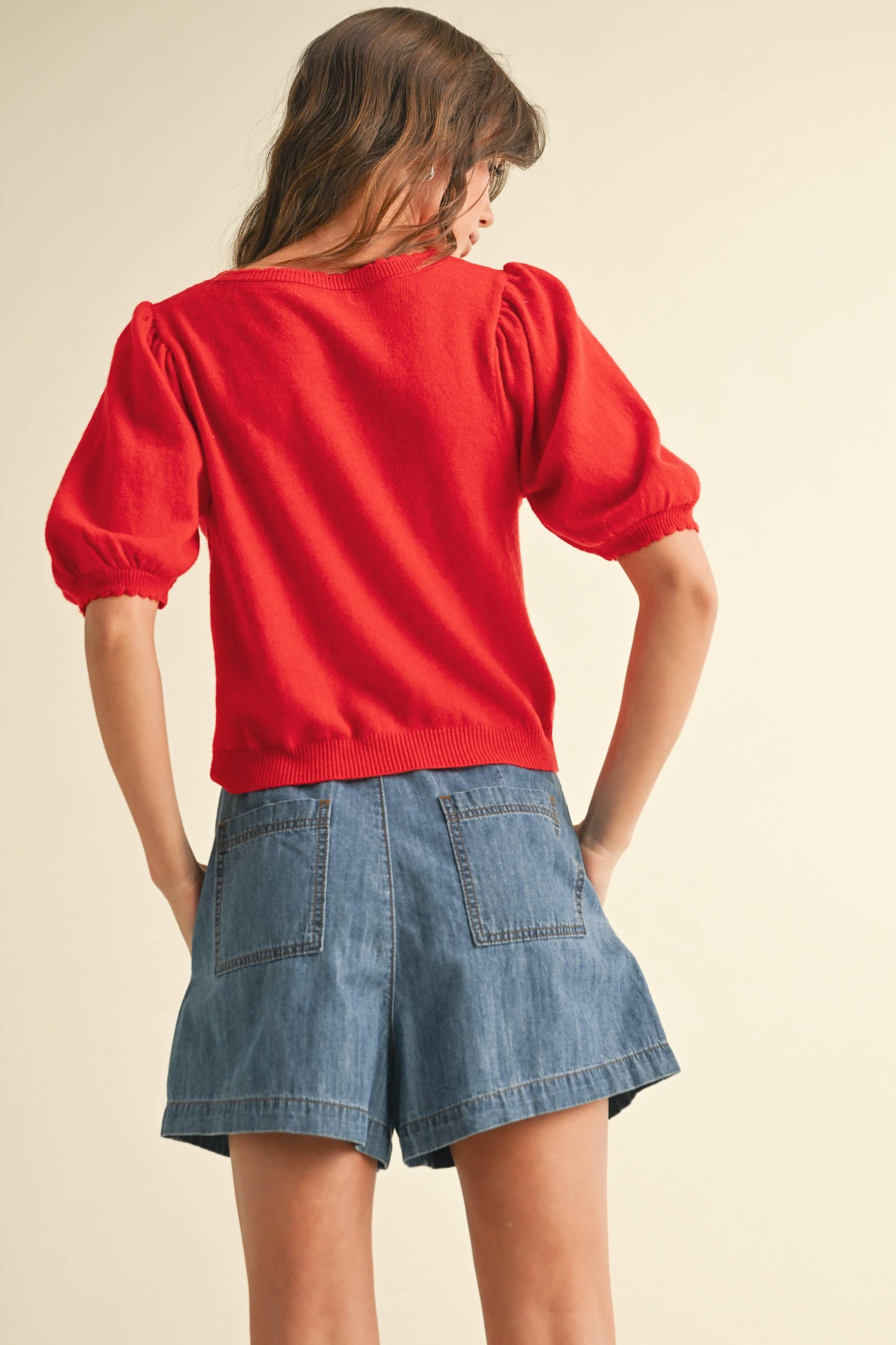 Scalloped Puff Sleeve Cardigan | Red