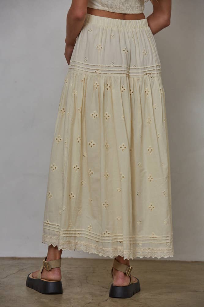 Woven Cotton Eyelet Lace And Pintuck Detail Skirt | Vanilla