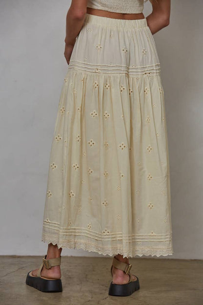 Woven Cotton Eyelet Lace And Pintuck Detail Skirt | Vanilla