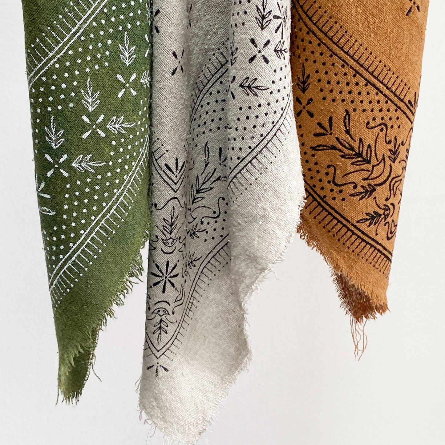 Olive Green Classic print Naturally Dyed Bandana | (White ink)