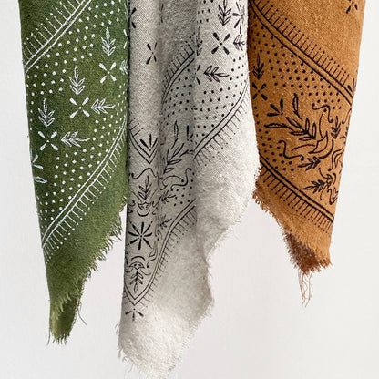 Olive Green Classic print Naturally Dyed Bandana | (White ink)