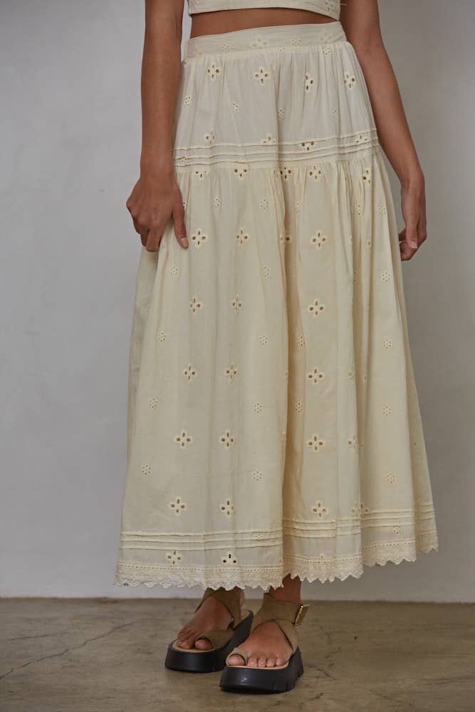 Woven Cotton Eyelet Lace And Pintuck Detail Skirt | Vanilla