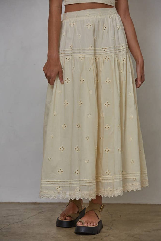 Woven Cotton Eyelet Lace And Pintuck Detail Skirt | Vanilla