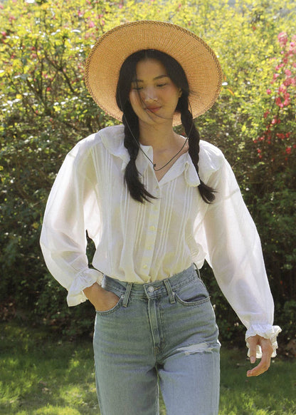 Antique Inspired White Puff Sleeve Blouse - Nesaea Blouse: 34