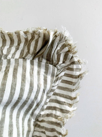 Pure French Linen Frayed Edge Ruffle Cushion | Olive Pinstripes