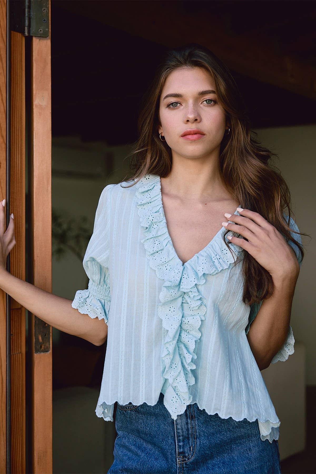 V-Neck Ruffle Blouse - RT1017: Black / S-M-L (3-2-1)
