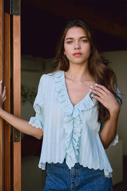 V-Neck Ruffle Blouse - RT1017: Black / S-M-L (3-2-1)