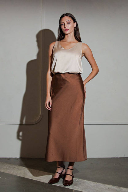 Satin Midi Skirt | Brown
