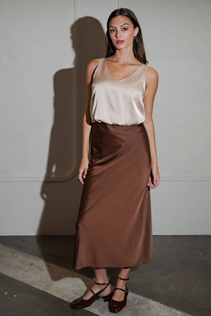Satin Midi Skirt | Brown