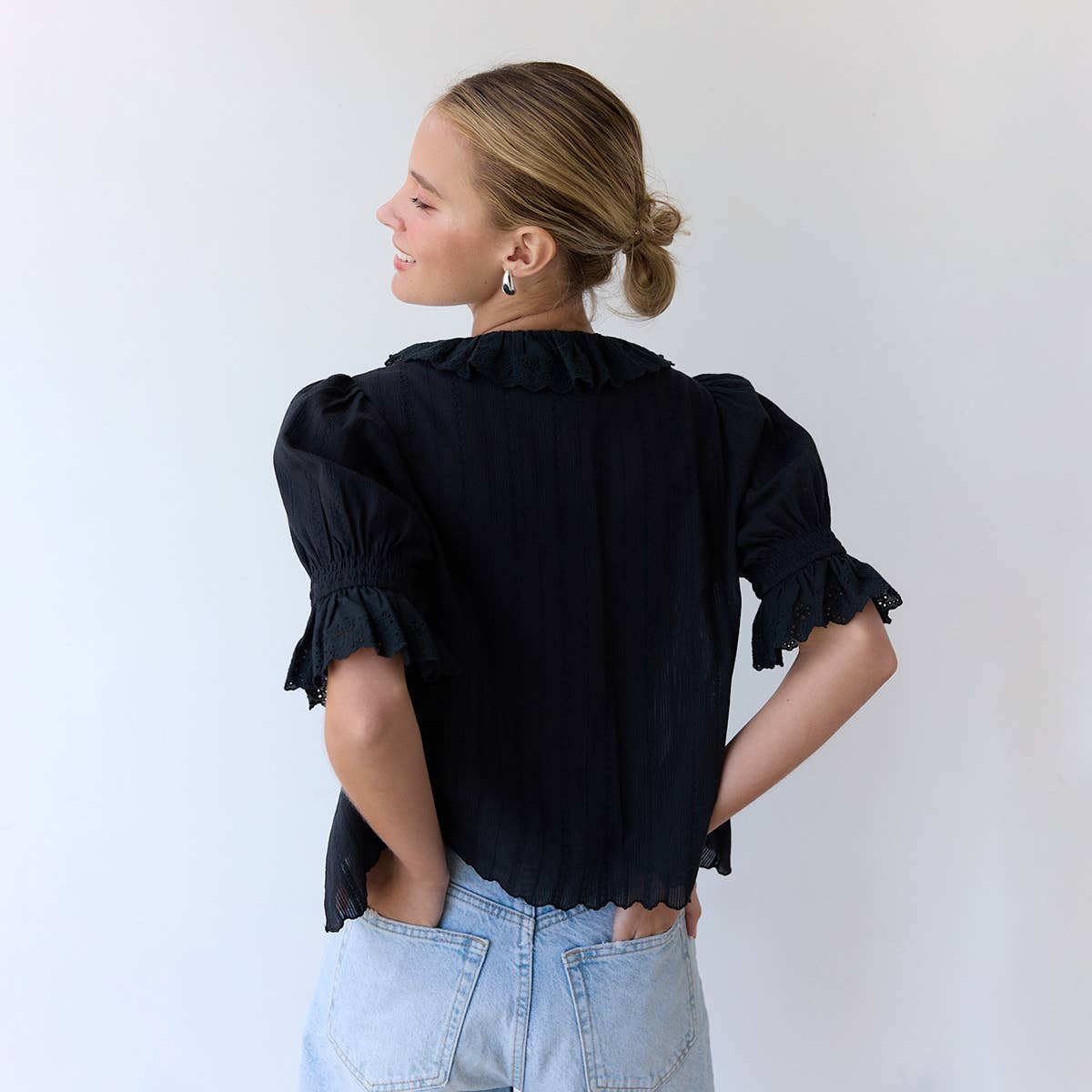 V-Neck Ruffle Blouse - RT1017: Black / S-M-L (3-2-1)