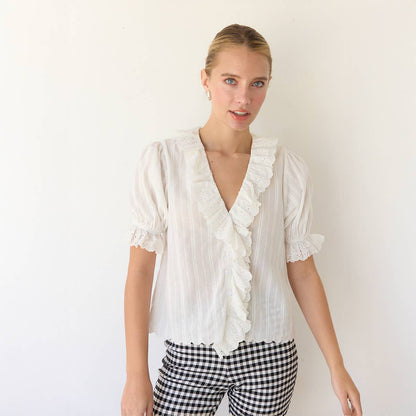V-Neck Ruffle Blouse - RT1017: Black / S-M-L (3-2-1)
