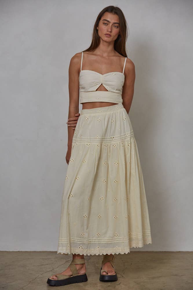 Woven Cotton Eyelet Lace And Pintuck Detail Skirt | Vanilla