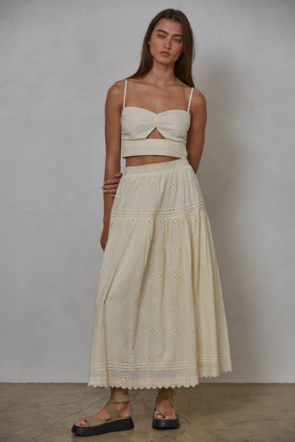 Woven Cotton Eyelet Lace And Pintuck Detail Skirt | Vanilla
