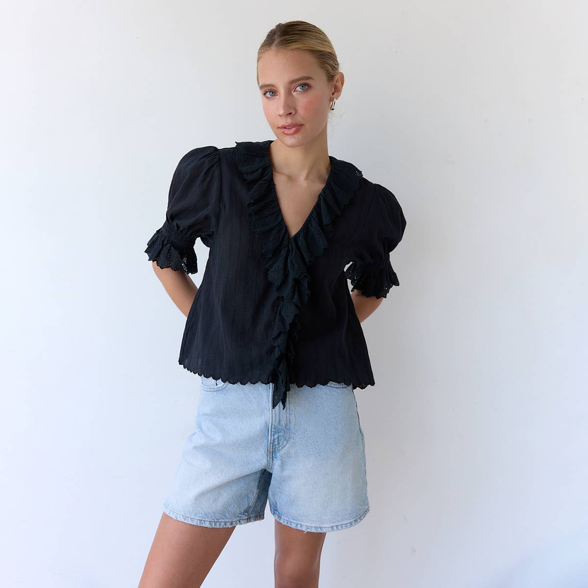 V-Neck Ruffle Blouse - RT1017: Black / S-M-L (3-2-1)