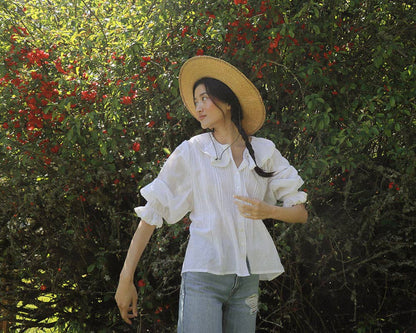 Antique Inspired White Puff Sleeve Blouse - Nesaea Blouse: 34