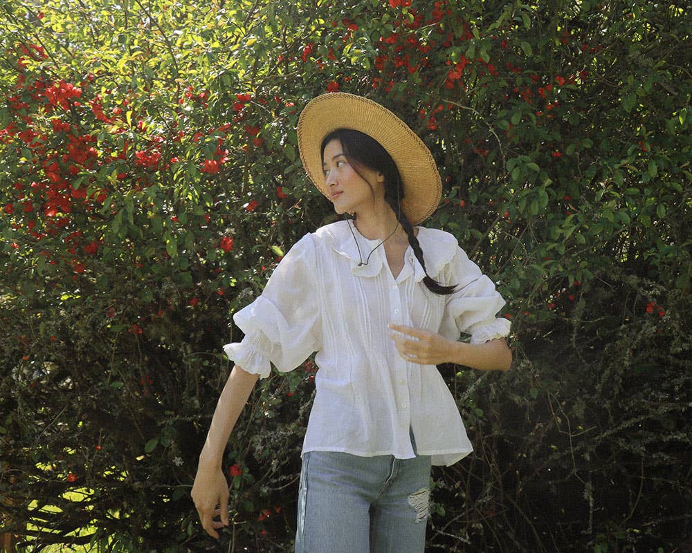 Antique Inspired White Puff Sleeve Blouse - Nesaea Blouse: 36