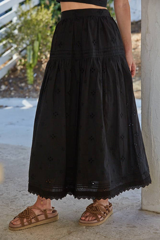 Woven Cotton Eyelet Lace And Pintuck Detail Skirt | Black