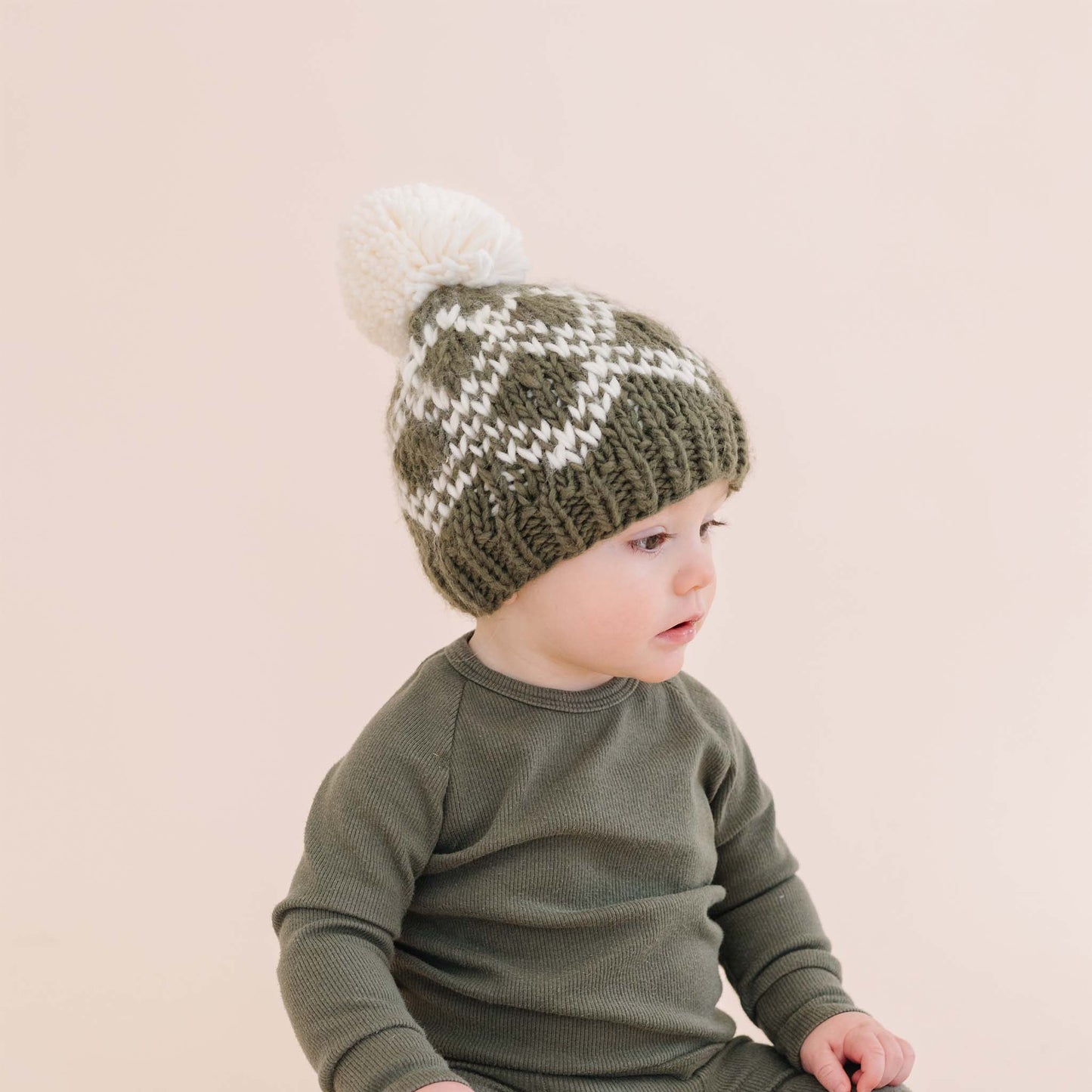 Diamond Faire Isle Hat, Olive | Hand Knit Kids & Baby: XS; 3-6mths