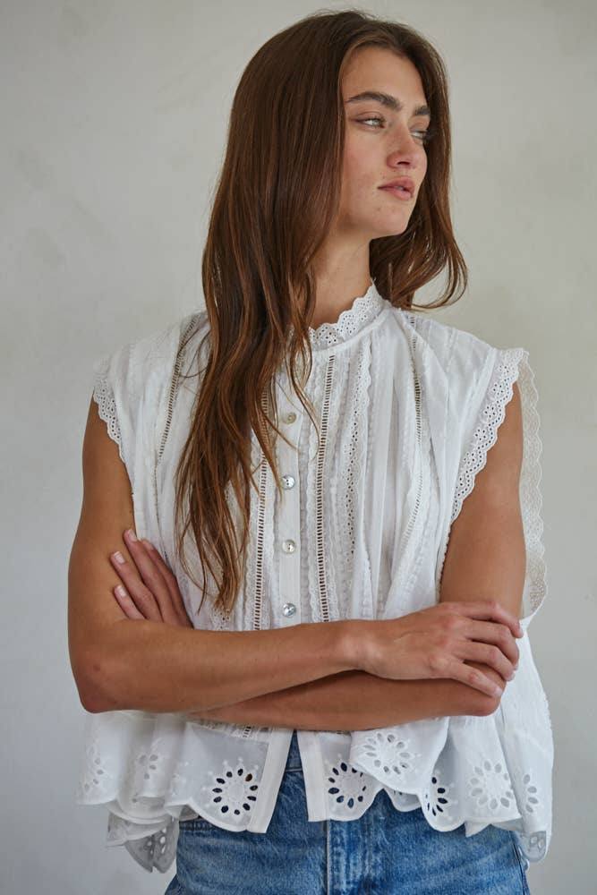 Woven Cotton Eyelet Top | White
