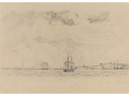 Coastal Landscape with Ships Antique Print: 8x10