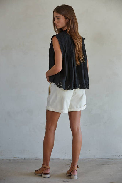 Woven Cotton Eyele Top | Black