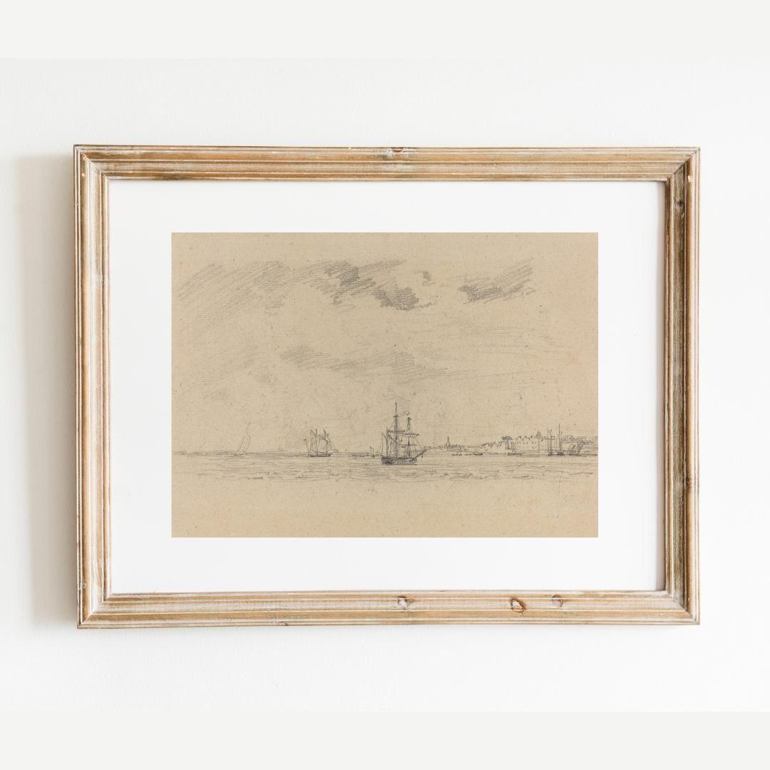 Coastal Landscape with Ships Antique Print: 8x10