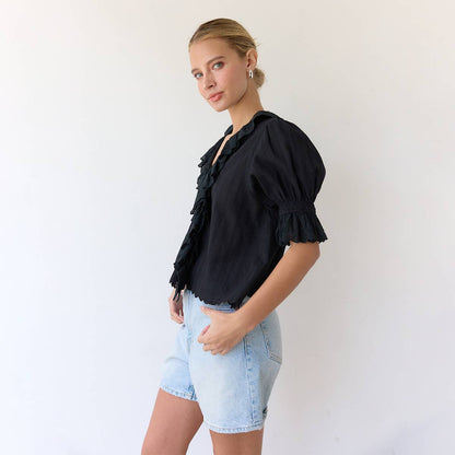 V-Neck Ruffle Blouse - RT1017: Black / S-M-L (3-2-1)
