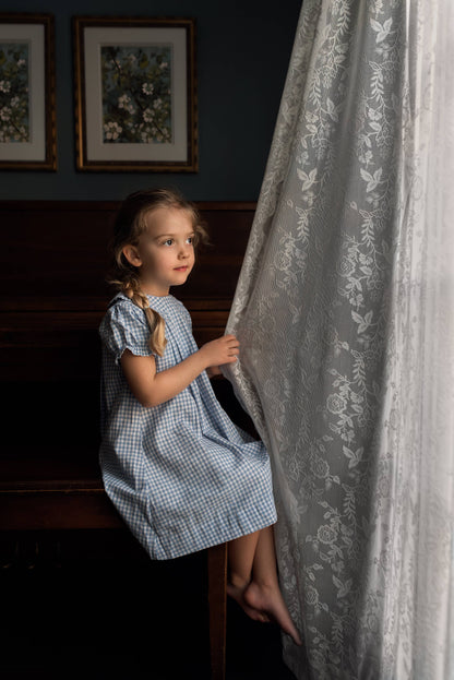 Light Blue Gingham Ruffle Collar Dress