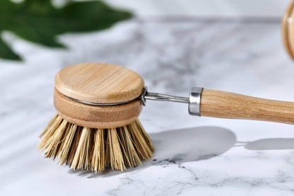 Long Handle Wood & Metal Dish Brush (Plastic Free): Mixed Pack of Softer & Firmer Bristles