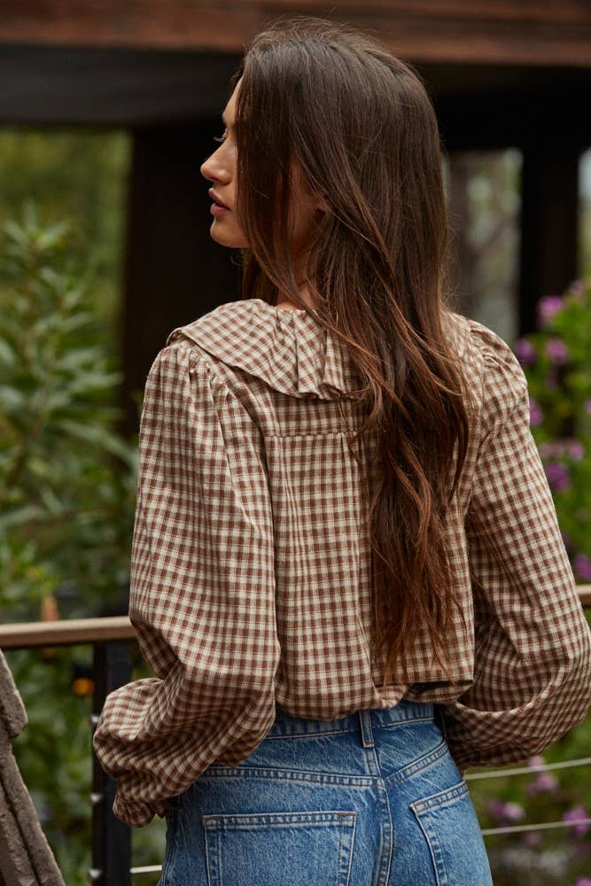 Gingham Ruffled Blouse | Brown Plaid