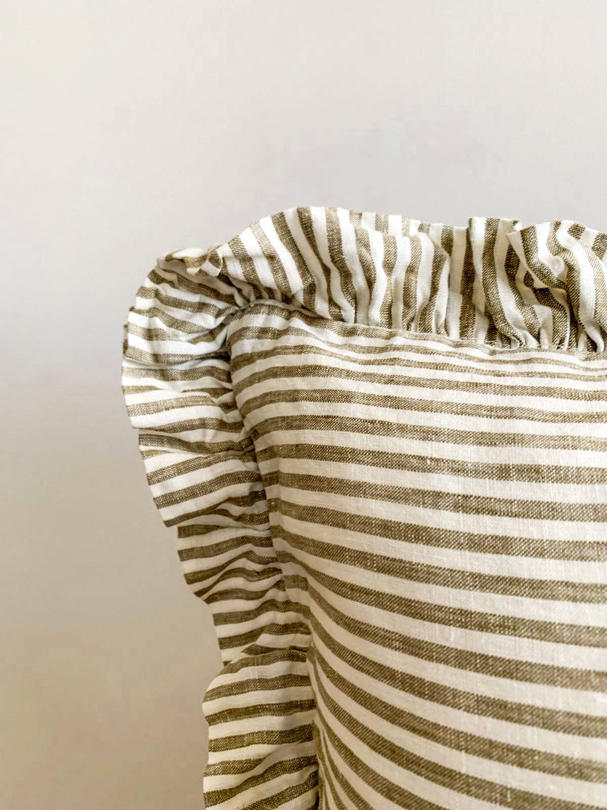 Pure French Linen Ruffle Lumbar | Olive Pinstripes