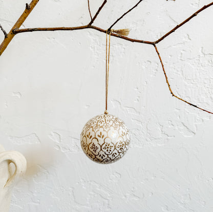 White & Gold Pattern Paper-Mache Ornament | 3"