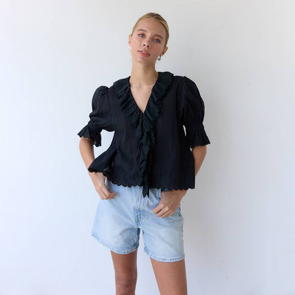 V-Neck Ruffle Blouse - RT1017: Black / S-M-L (3-2-1)