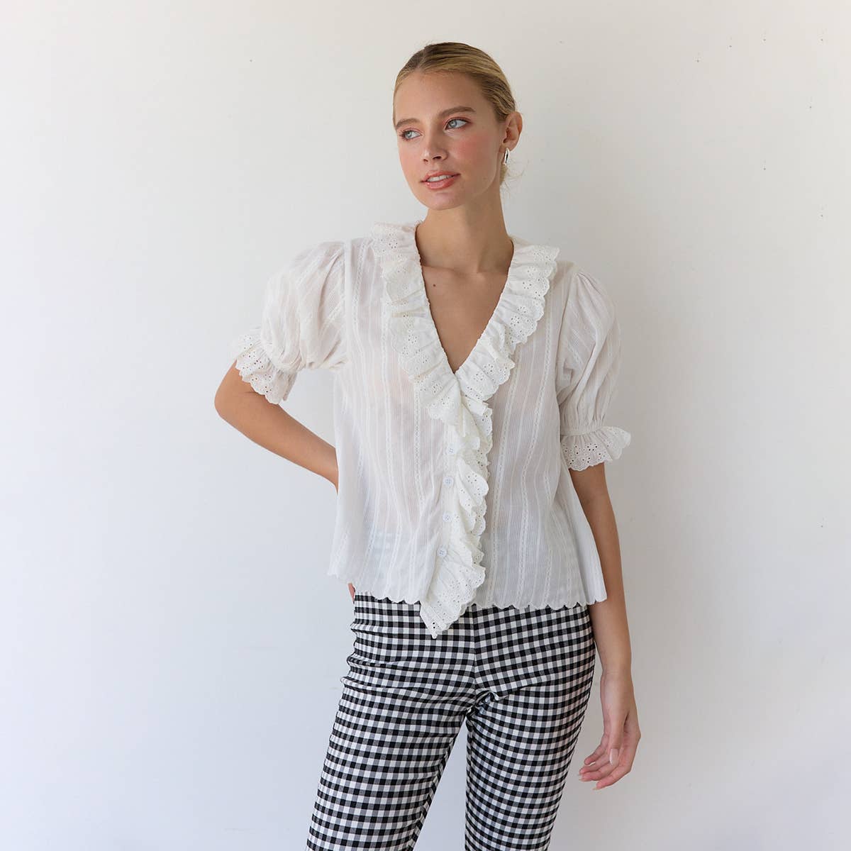 V-Neck Ruffle Blouse - RT1017: Black / S-M-L (3-2-1)