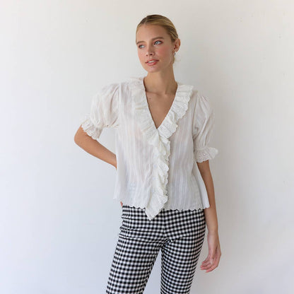 V-Neck Ruffle Blouse - RT1017: Black / S-M-L (3-2-1)