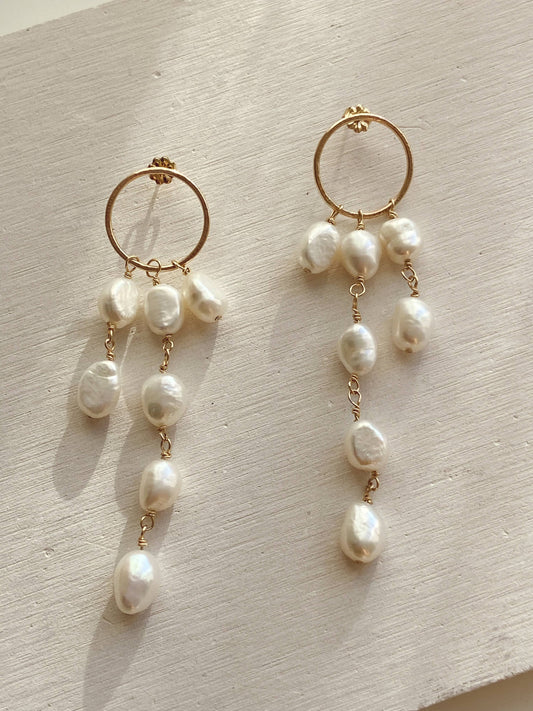 Freshwater baroque long multi pearl dangle earrings: 14K GOLD FILL