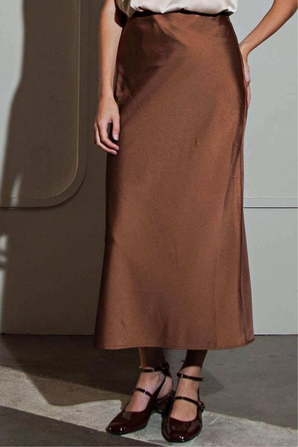 Satin Midi Skirt | Brown