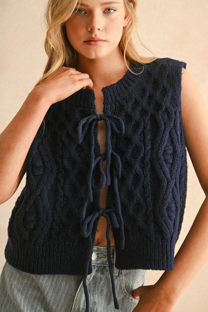 Cable Knitted Tie Front Vest | Navy