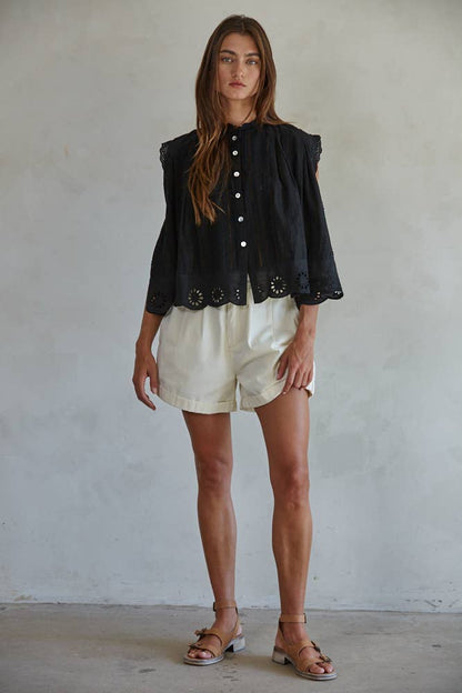 Woven Cotton Eyele Top | Black