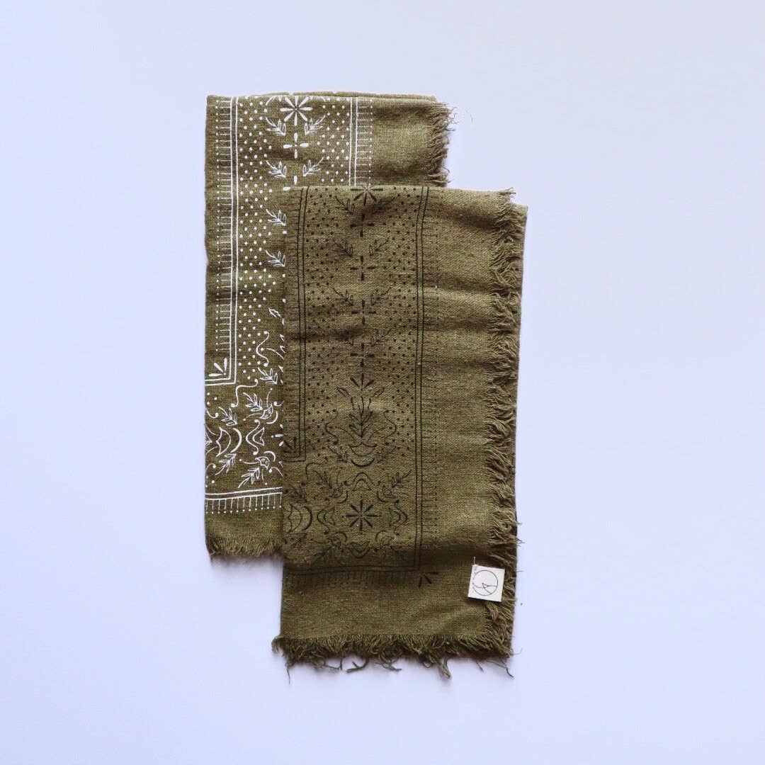 Olive Green Classic print Naturally Dyed Bandana | (White ink)