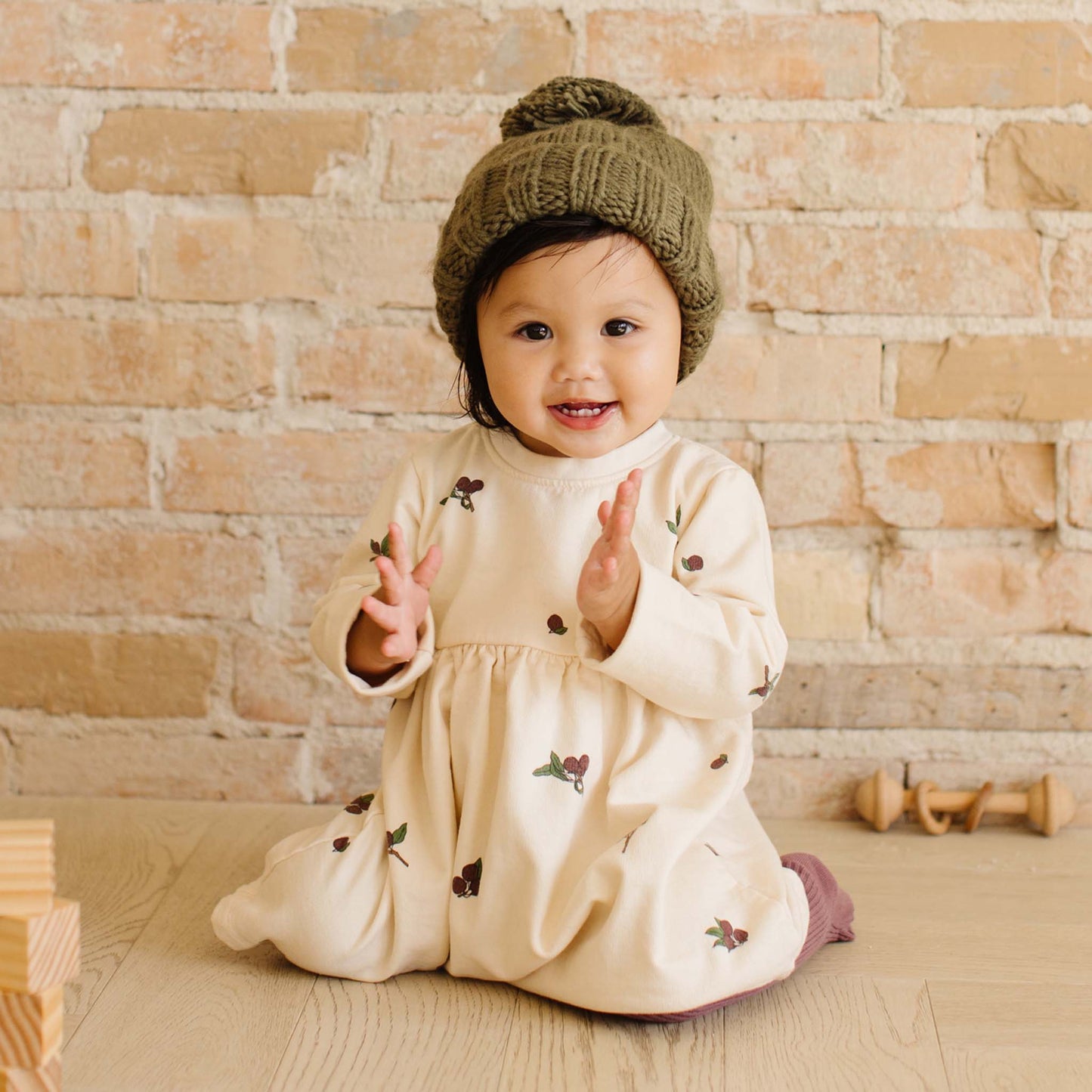 Classic Pom Hat, Olive | Baby Kids Beanie, Holiday Christmas: XS; 3-6m