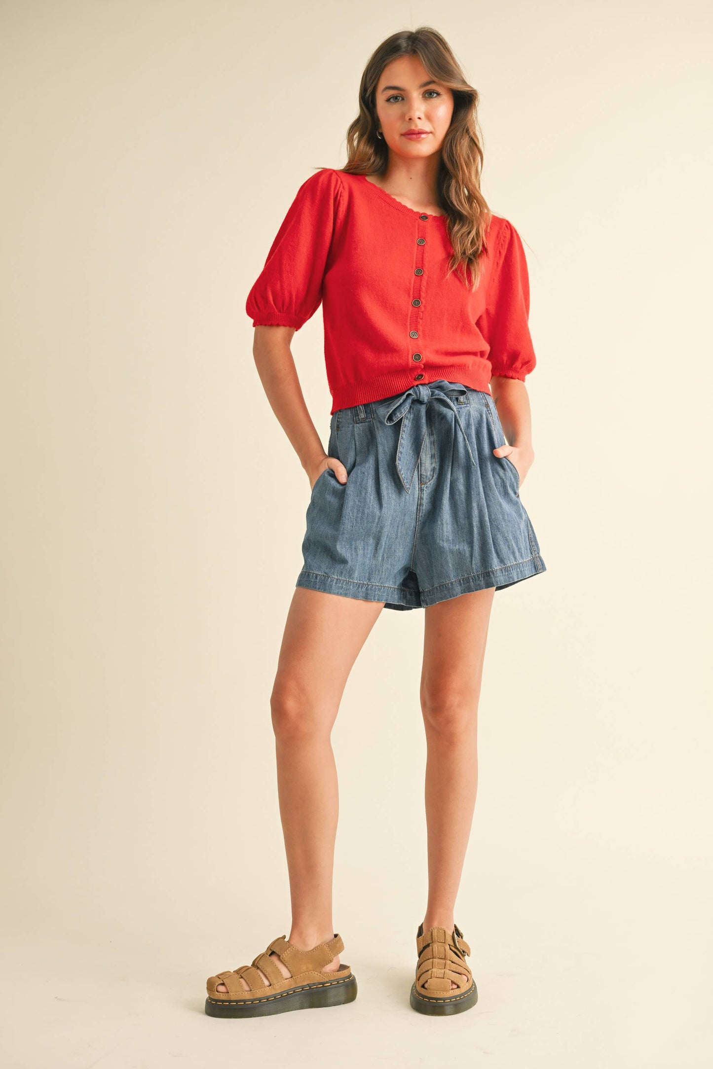 Scalloped Puff Sleeve Cardigan | Red