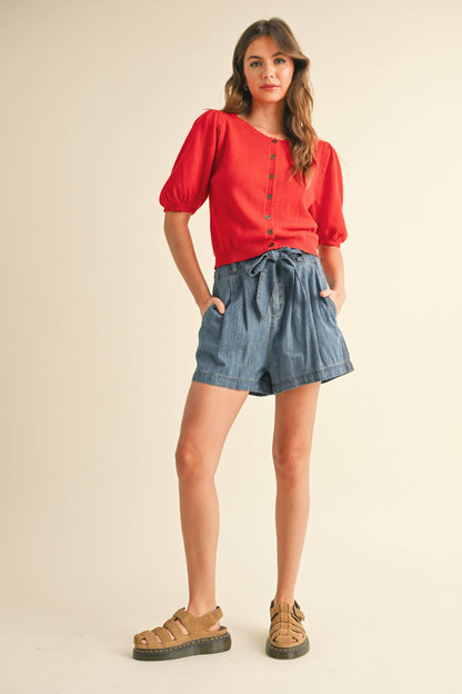 Scalloped Puff Sleeve Cardigan | Red