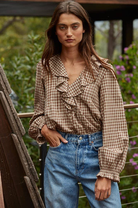 Gingham Ruffled Blouse | Brown Plaid