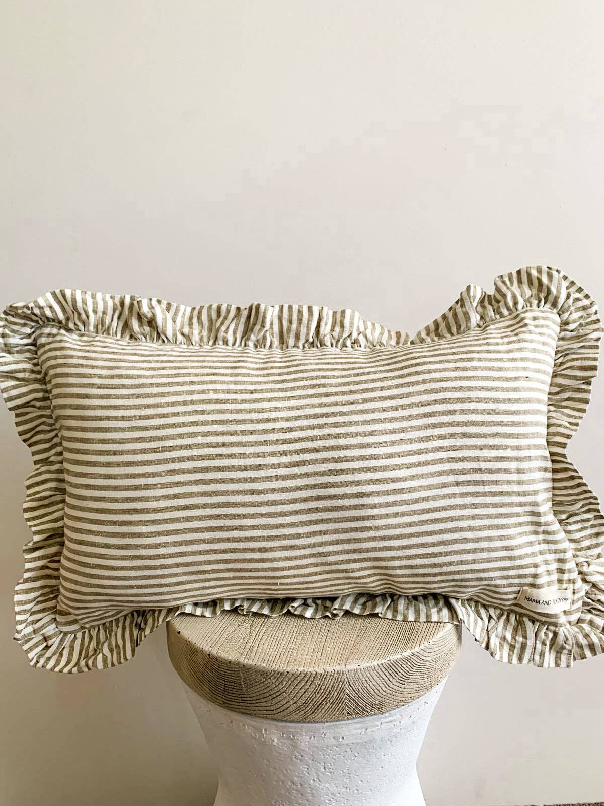 Pure French Linen Ruffle Lumbar | Olive Pinstripes