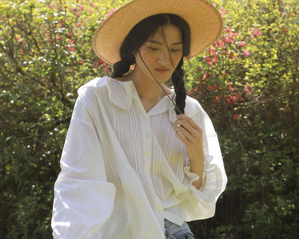 Antique Inspired White Puff Sleeve Blouse - Nesaea Blouse: 34