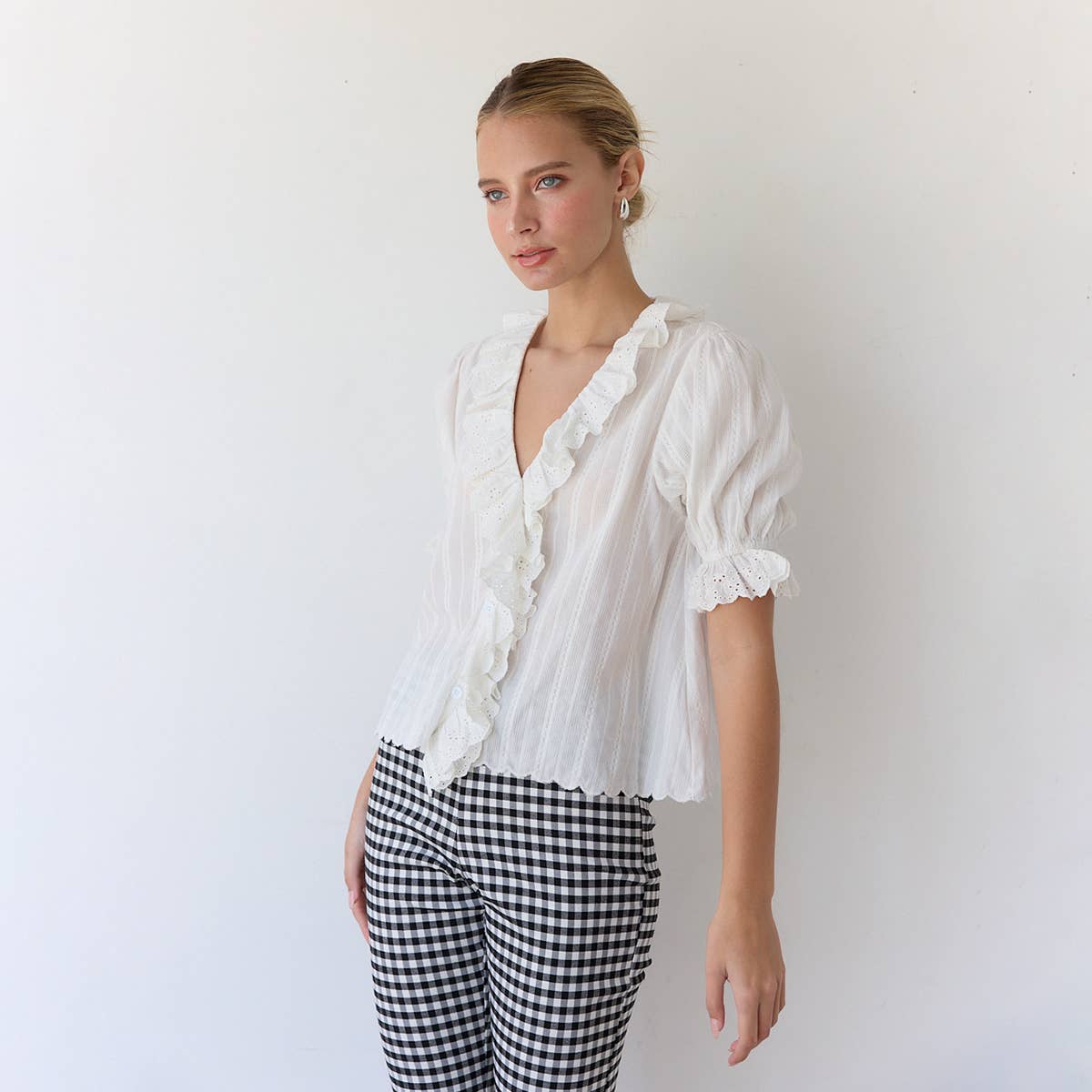 V-Neck Ruffle Blouse - RT1017: Black / S-M-L (3-2-1)