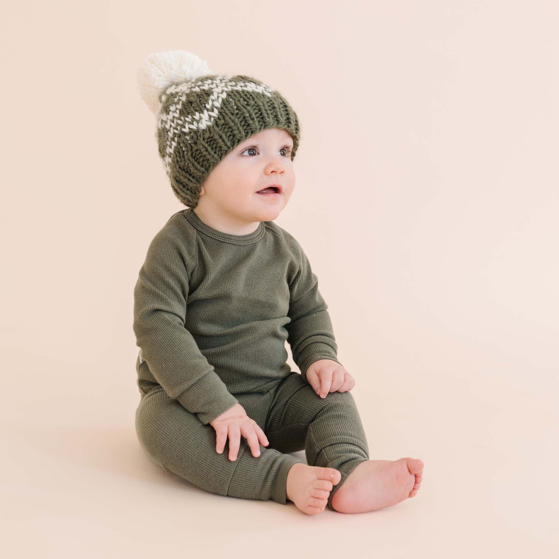 Diamond Faire Isle Hat, Olive | Hand Knit Kids & Baby: XS; 3-6mths